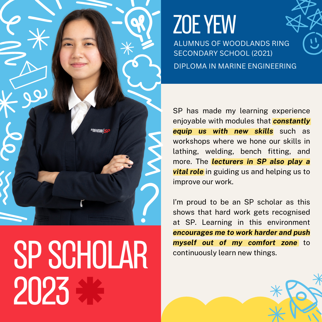 SP Scholar 2023 profile card for Zoe Yew, showing a young woman in a dark blazer with arms crossed.